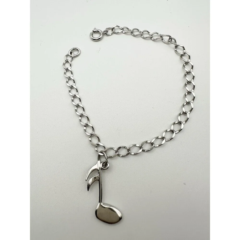 925 Sterling Silver Link Chain Music Note Bracelet 7”